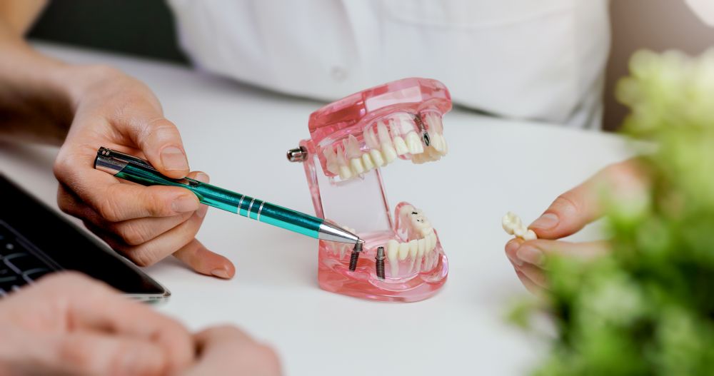 A dentist showing a patient a model of dental implants in a jaw